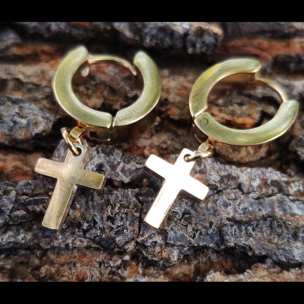 ss steel 14k gold plated hoop CROSS earrings